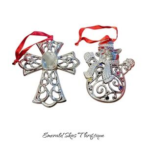 Lenox silver plated ornaments, cross and snowman, free shipping